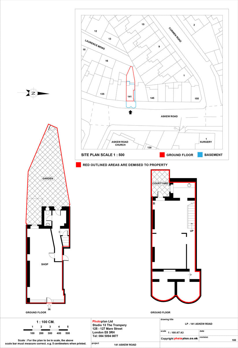 Example Land Registry lease plan for a shop with a site plan and red demise edging