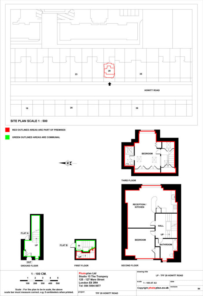 Example Land Registry lease plan for a house with site plan, floor levels, and colour key