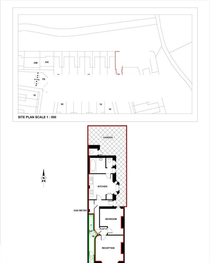 Example Land Registry lease plan with the demise edged in red and communal areas in green